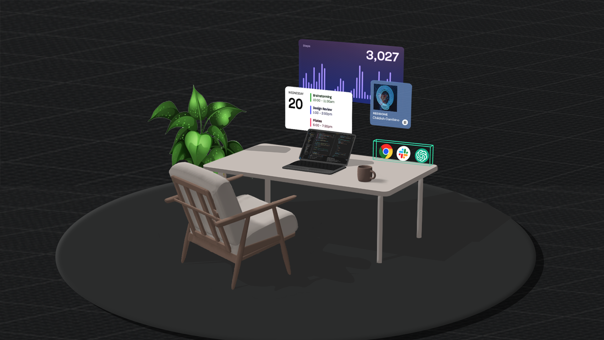 A stylized 3D workspace with floating UI widgets